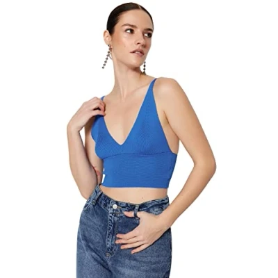 Image of Trendyol Women Slim fit Basic V Neck Knitwear Blouse,Sax,L