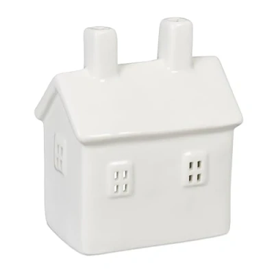 Image of Relaxdays Tealight House Ceramic, Light Through Windows, for 1 Candle, HxWxD: 12 x 10 6.5 cm, Table Decoration, White
