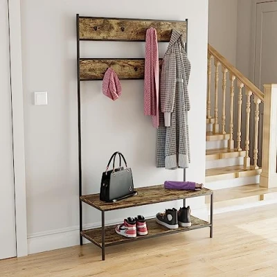 Image of Vida Designs Brooklyn Hallway Unit Coat Rack Stand Hall Tree Shoe Bench Shelves Hooks (Dark Wood)