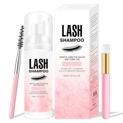 Image of Lash Shampoo for Eyelash 60ML + Brush &amp; Mascara Wand Eyelid Foaming Cleansing, Extension Cleanser Remover,Makeup Remover,Salon and Home Use