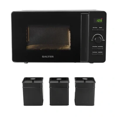Image of Salter COMBO 8858 Kuro Microwave and Canister Set 20L Digital Freestanding Solo Oven, Carbon Steel Tea/Coffee/Sugar Storage Tins, LED Clock Display Screen, Time/Weight Dial, 800W, Black