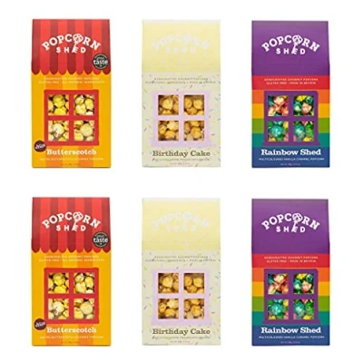 Image of Popcorn Shed 6 Celebration Bundle Three Flavour Gourmet Variety Pack (6 Pack), Natural Movie Night Snacks, Coloured Gift