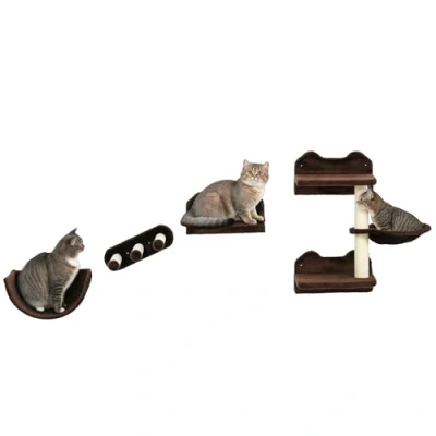 Image of PawHut 4PCs Wall Mounted Cat Tree Shelves W/Scratching Post Dark Brown