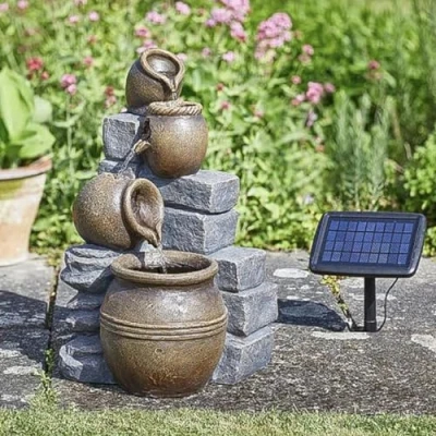 Image of Festive Lights Solar Powered Pot Falls Cascading Water Fountain Durable Outdoor Garden Feature with Back Up Battery
