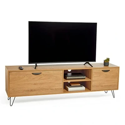 Image of VonHaus TV Unit Oak Wood Effect Industrial Style Cabinet For TV&#039;s up to 80&quot; Large Entertainment w/ 2 Storage Cupboards, Shelves &amp; Pin Legs 35kg Capacity Living Room Capri