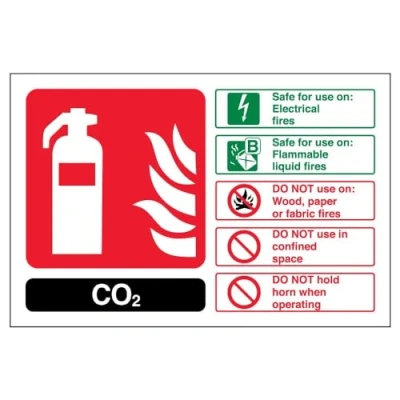 Image of V Safety 11016AL R Co2 Id Fire Extinguisher Sign Landscape 150mm x 100mm 1mm Rigid Plastic, Black/Green/Red