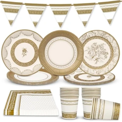 Image of Talking Tables Gold Party Decorations for 16 Guests, Christmas Disposable Tableware, Pack, Bunting, Plates, Napkins, Paper Cups, Anniversary, Wedding, Birthdays, Afternoon Tea, New Years Eve