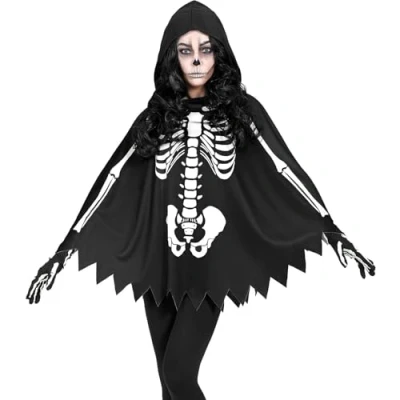 Image of Widmann 48154 Skeleton Costume, Poncho with Hood, Theme Party, Halloween, Multicoloured, Einheitsgröße Fits Most Adult