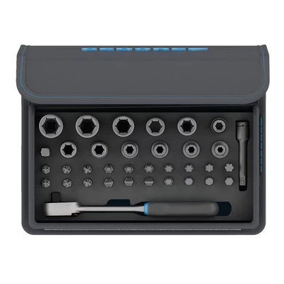 Image of GEDORE TC 666 MU 20/35 Piece Bit Socket Set with Ratchet 1/4 Inch in Textile Bag Carry Handle/Lever Ratchet/Extension/Gimbal Extension/Power Screwdriver Inserts/Adapter
