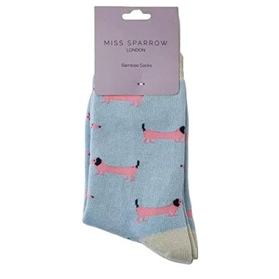 Image of Miss Sparrow Sausage Dog Powder Blue Womens Novelty Ankle Socks Adult One Size