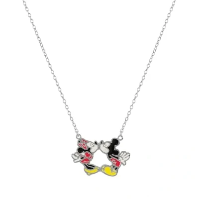 Image of Disney Sterling Silver Enamel Mickey and Minnie Mouse Kissing Necklace