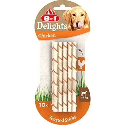 Image of 8in1 Delights Chicken Twisted Sticks, healthy chew snack for dogs, 10 pieces