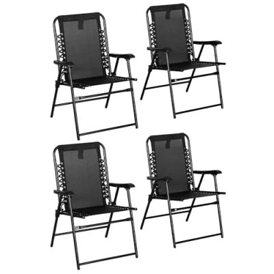 Image of Outsunny Set of 4 Patio Folding Chair Set, Garden Portable Outdoor Chairs with Armrest and Breathable Mesh Fabric Seat Backrest, for Camping, Beach, Deck, Lawn, Black