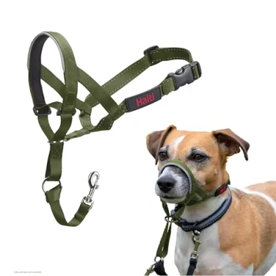 Image of HALTI Headcollar To Stop Your Dog Pulling on the Lead. Adjustable, Reflective and Lightweight, with Padded Nose Band. Training Anti Pull Collar for Small Dogs (Size 1, Forest Green)