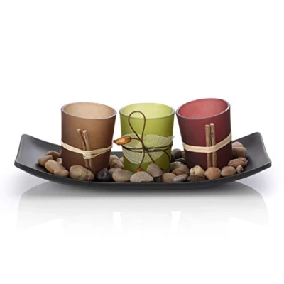 Image of Artis Set of 3 Tea Light Votive Glass Candle Holders with Tray and Decorative Pebbles Nature Zen Design, Tealights not included