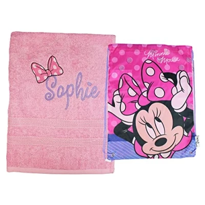 Image of TeddyTs Personalised Pink Swimming Towel and Minnie Mouse School Gym Bag Set, 125cm x 75cm (approx)