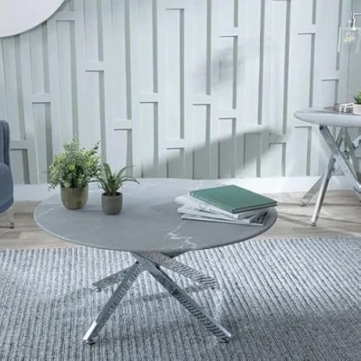 Image of Ashley Glass Round Coffee Table with Chrome Metal Legs