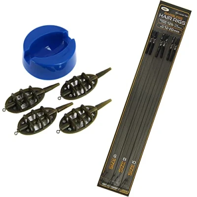 Image of DNA Leisure NGT 4 Inline Method Feeder 15, 20, 25 &amp; 30g and Soft Mould Set For Carp Fishing with Pack of Rigs Mix 6 8 10 Barbless