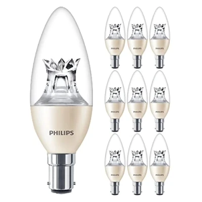 Image of Philips 10 Pack Master LED Clear Candle B38 DimTone Lamp 5.5W (40W) B15 SBC Small Bayonet Cap 2200k to 2700k 470 Lumen 25000 Hours Car Air Freshener Included 80+ CRI