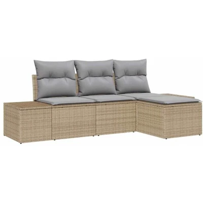 Image of vidaXL 4 Piece Garden Sofa Set with Cushions Beige Poly Rattan