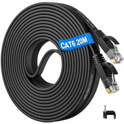 Image of Ethernet Cable 20m, Cat 6 Long Internet Flat Network 20 Meters Wifi LAN High Speed 10/100/1000Mbps, RJ45 Gigabit Black Slim Patch Cord for PC Router Modem