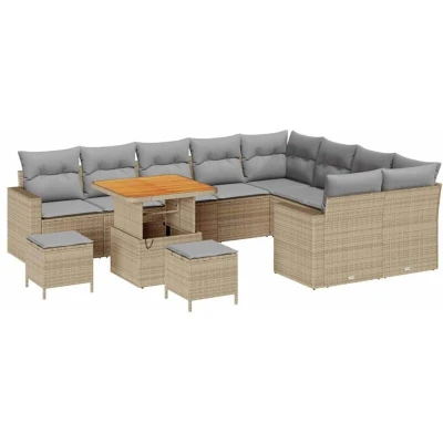 Image of vidaXL 12 Piece Garden Sofa Set with Cushions Beige Poly Rattan Acacia