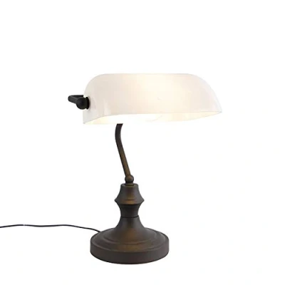 Image of Qazqa Classic Notary lamp Black with Opal Glass Banker I Antique Suitable for LED E27 1 Light Table Living Room Bedroom