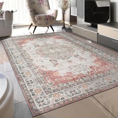 Image of TALETA Rug Living Room Vintage Oriental with Floral Pattern, Carpet Washable Short Pile Bedroom for Room, Bedroom, Ice Retro Red, Large: 120 x 170 cm