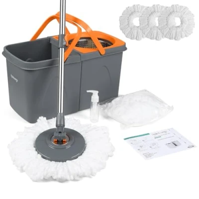 Image of Rainberg Spin Mop and Bucket Set With 3 Extra Heads, 130cm Extendable Handle, Machine Washable Microfibre Self Wringing System, Grey Orange (Spin Set)