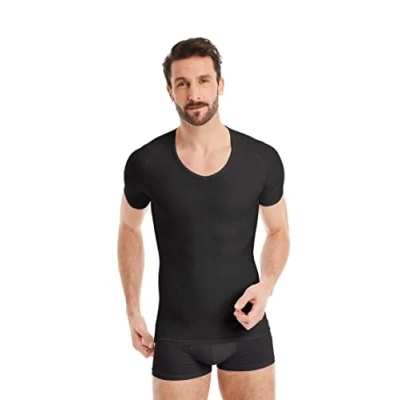 Image of FINN Men&#039;s Figure Shaping Compression Undershirt with V Neck Short Sleeve Shapewear T Shirt Made from Cotton Body Shaper Vest for a Flatter Stomach Black 3XL