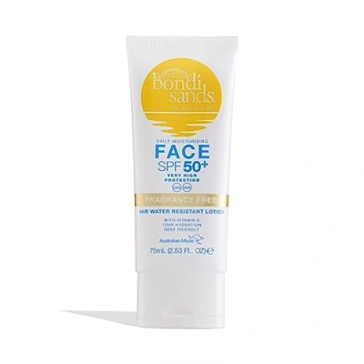 Image of Bondi Sands Fragrance Free Face Sunscreen Lotion SPF 50+ Gentle Formula Moisturises + Provides Broad Spectrum Protection, Enriched with Aloe Vera and Vitamin E, Cruelty 75 mL/2.53 Oz