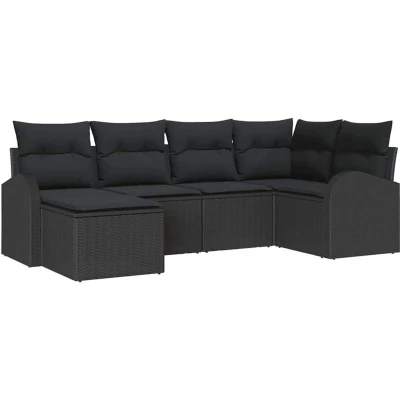 Image of vidaXL 6 Piece Garden Sofa Set with Cushions Black Poly Rattan