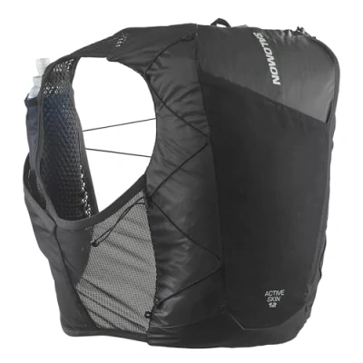Image of Salomon Active Skin 12 Unisex Running Vest Hiking Trail With Flasks Included, 12L, Easy Hydration, Precision Fit, and Optimized Storage, Black, S