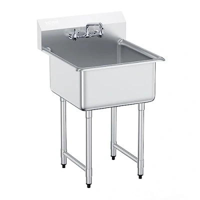 Image of VEVOR Stainless Steel Prep &amp; Utility Sink, 1 Compartment Free Standing Small Sink Include Faucet Legs, 27&quot;x41&quot; Commercial Single Bowl Sinks for Garage, Restaurant, Kitchen, Laundry, NSF Certified