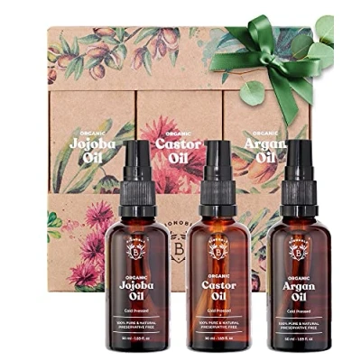 Image of Bionoble Beauty Gift Set for Women 3x50ml Organic Castor Oil, Argan Oil and Jojoba Natural Products in a Recyclable Box Face, Body, Hair, Nails Skincare