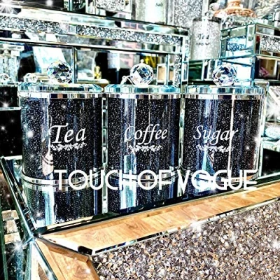 Image of TOV® Diamond Crushed Tea Coffee Sugar CANISTERS Jars Storage Black Trimmings Crystal Filled