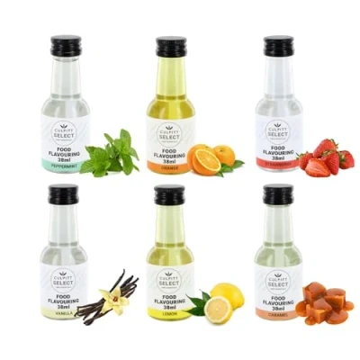 Image of Culpitt Food Flavours 6 Pack Vanilla, Strawberry, Orange, Lemon, Caramel, Peppermint, Liquid Flavour For Baking, Cooking, Desserts, Drinks &amp; Cocktails 228ml