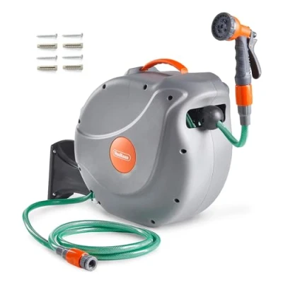 Image of VonHaus Hose Reel 20m Wall Mounted for Garden, Retractable, Auto Lock and Rewind, Includes Fixings 8 Function Spray Gun, 180 Pivot Swivelling, Long Reach, Outdoor Watering