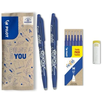 Image of Pilot Frixion Erasable Rollerball 0.7mm Tip Twin Pack with 6 Refills and Eraser Blue, FLW538257