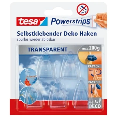 Image of tesa UK Powerstrips Deco Clear Hooks with Removable Adhesive Strips, 5 Hooks, normal, 58900 00013 03
