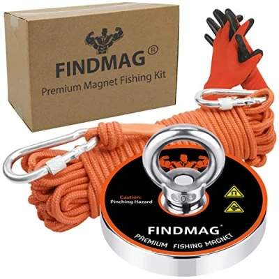 Image of FINDMAG Magnet Fishing, Fishing Magnet, 600 LBS (273 KG) Pulling Force Strong Round Neodymium with Rope, Super for River Retrieval and Salvage 75mm Diameter