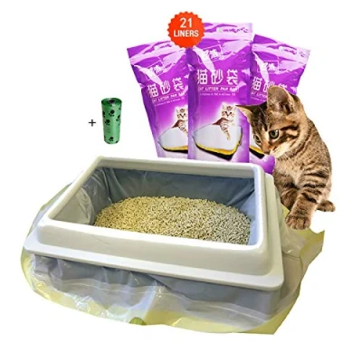 Image of MOLIWEN Cat Litter Tray Liners with Drawstrings Bags 3 Pack (21 bags), 91.5 x 45.7 cm for Medium and Large Box, Get Extra 1 Roll (15 Bags) of Pet Garbage Bag