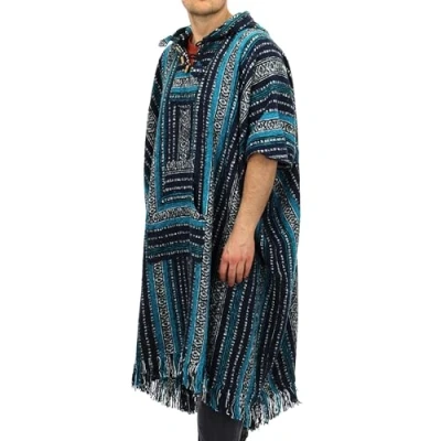Image of LOUDelephant 100% Woven Cotton Long Hooded Poncho Blue &amp; White