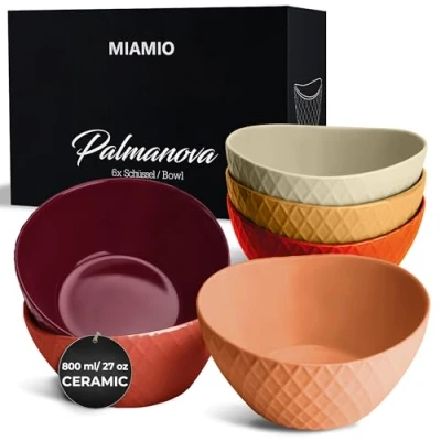 Image of MIAMIO 6 x 800 ml Bowl Set/Cereal Set Modern Bowls Matte Large Palmanova Collection (Magma Red)
