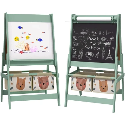 Image of AIYAPLAY Kids Easel with Paper Roll, 3 in 1 Art for Children, Blackboard, Whiteboard, Storage Baskets, Green