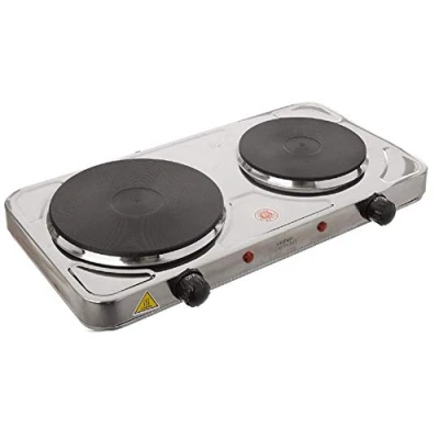 Image of Kitchen Perfected 2000w Double Hotplate / Cast Iron Variable Heat Setting Overhead Protection Corrosion Resistant Non slip Rubber Feet Easy Clean Finish E4203SS Stainless Steel