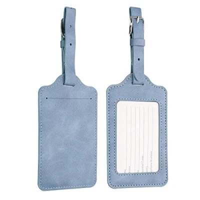 Image of kwmobile Luggage Tags 2X Synthetic Leather Name Address Cards for Travel Luggage, Suitcases Blue Grey