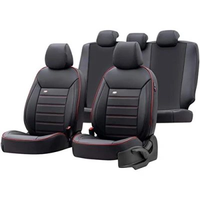 Image of otoM Universal Full Leather Seat cover set &#039;Premium&#039; Black + Red trim 11 pieces compatible with Side Airbags