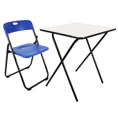 Image of Meta Exam Portable Folding Chair Table Computer,Study, Home, Office Foldable Set with Collapsible Metal Legs &amp; Plastic Seat (Blue(Chair), White(Table))