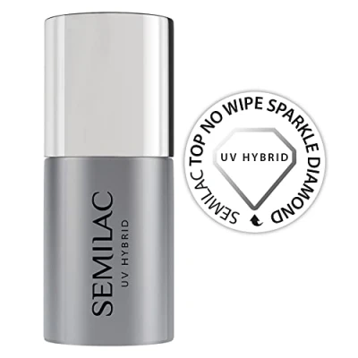 Image of Semilac Diamond Sparkle No Wipe Top Coat For Gel Nail Polish. UV LED Soak Off Colour Protection With Subtle Clear Glitter Finish. Easy to Apply, Crack Resistant and Quick Drying. 7ml